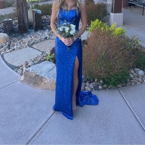 Sherri Hill Blue Sparkly prom dress. Worn once. Size 0 train & crossed back